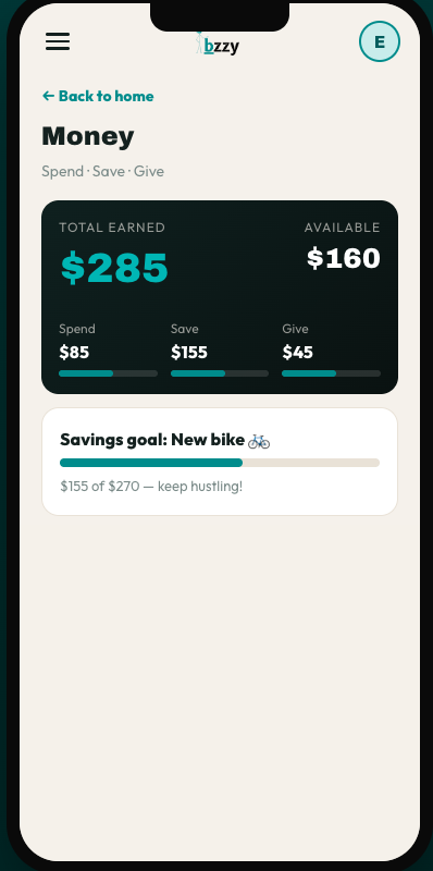 bzzy Money screen with Spend, Save, Give